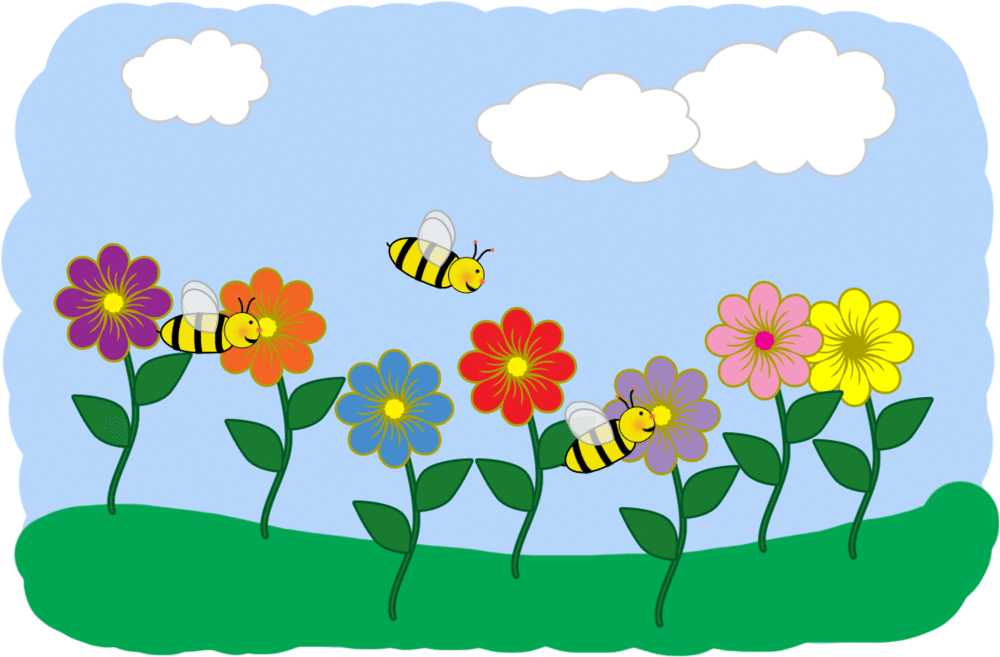 flowers and bees with clouds