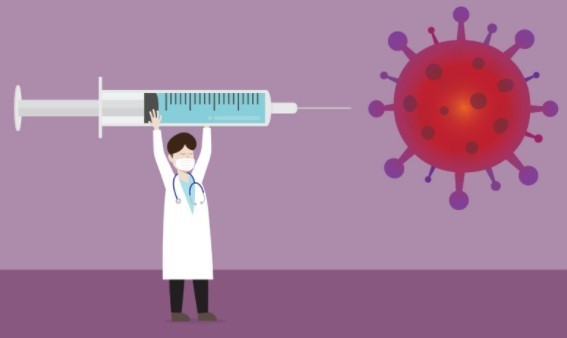 doctor with large syringe and a covid virus