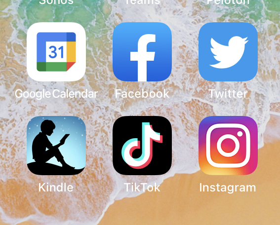apps: calendar, Facebook, Twitter, Kindle, Tiktok, Instagram
