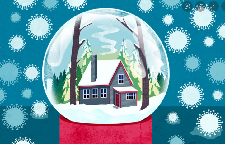 Snow globe with with house scene. Covid virus background 