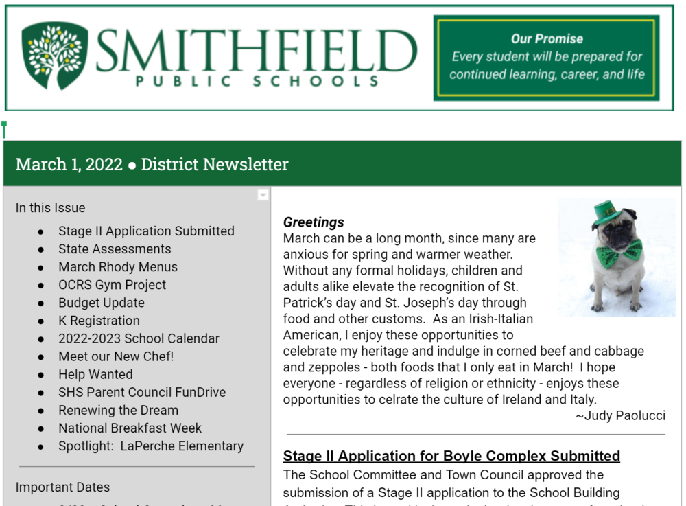 Top part of front page of district newsletter