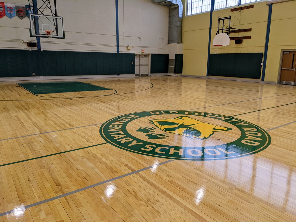 Completely restored, repainted, and refinished gym floor